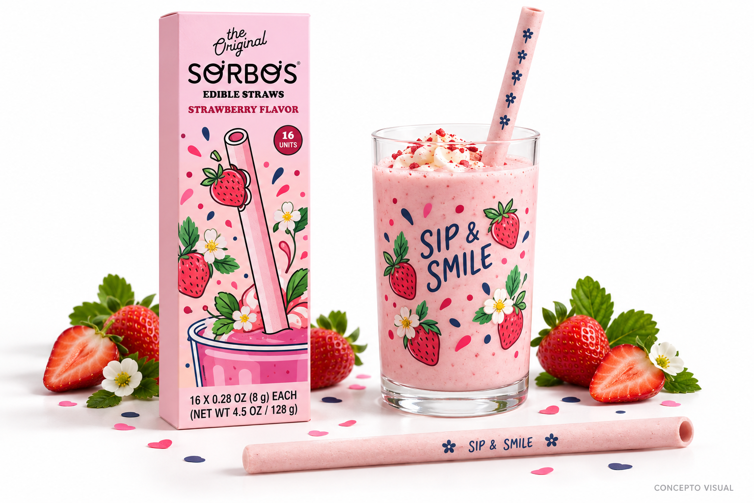 Concepto visual SORBOS con pack de 16 pajitas, vaso con diseño original de campaña y pajitas de fresa con impresión longitudinal
